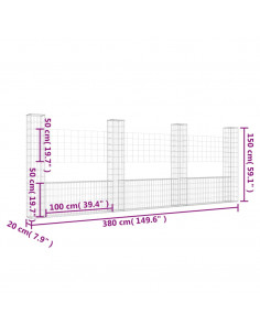 Cesto Gabbione a U con 4 Pali in Ferro 380x20x150 cm