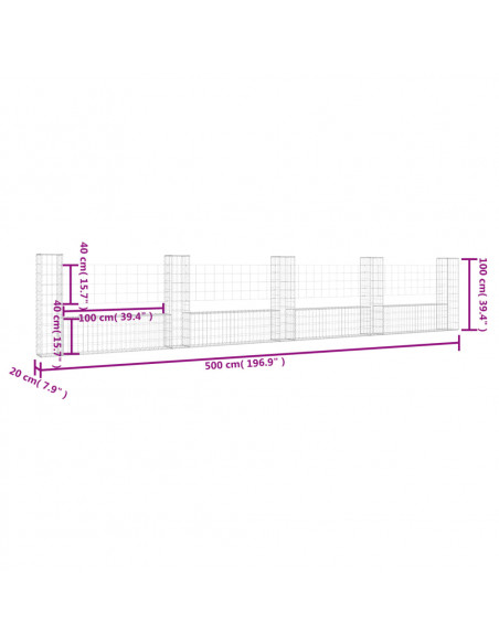 Cesto Gabbione a U con 5 Pali in Ferro 500x20x100 cm