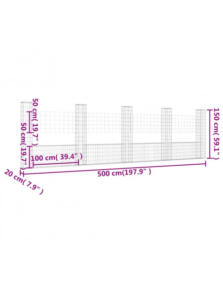Cesto Gabbione a U con 5 Pali in Ferro 500x20x150 cm