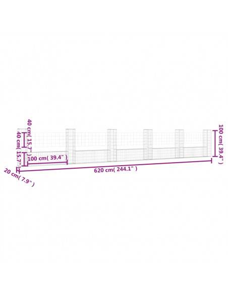 Cesto Gabbione a U con 6 Pali in Ferro 620x20x100 cm