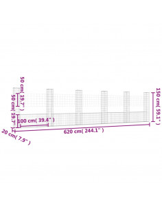 Cesto Gabbione a U con 6 Pali in Ferro 620x20x150 cm