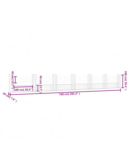 Cesto Gabbione a U con 7 Pali in Ferro 740x20x100 cm
