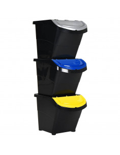 Cestini per Rifiuti Impilabili con Coperchi 3pz Neri in PP 78 L 2