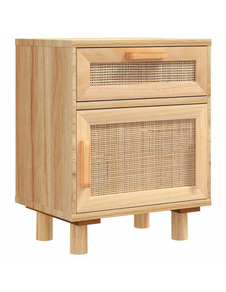 Comodini 2 pz Marroni Legno Massello di Pino e Rattan Naturale