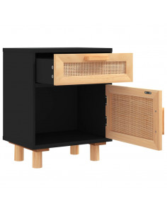 Comodini 2 pz Neri in Legno Massello di Pino e Rattan Naturale