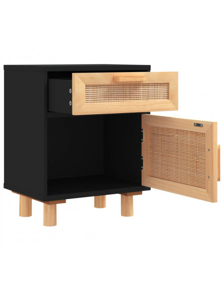 Comodini 2 pz Neri in Legno Massello di Pino e Rattan Naturale