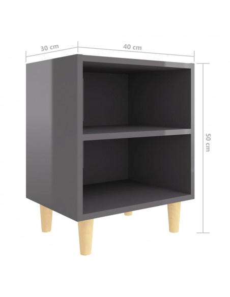 Comodino con Gambe in Legno Massello Grigio Lucido 40x30x50 cm