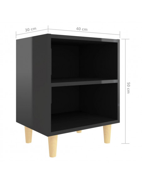 Comodino con Gambe in Legno Massello Nero Lucido 40x30x50 cm