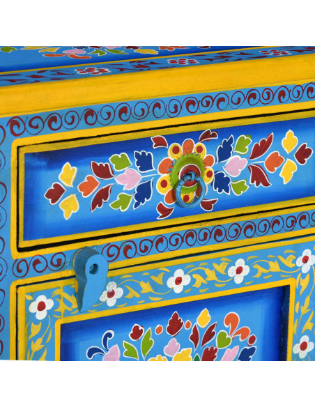 Comodino in Legno Massello di Mango Turchese Dipinto a Mano