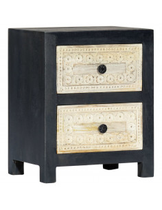 Comodino Intagliato a Mano Grigio 40x30x50 cm Massello di Mango