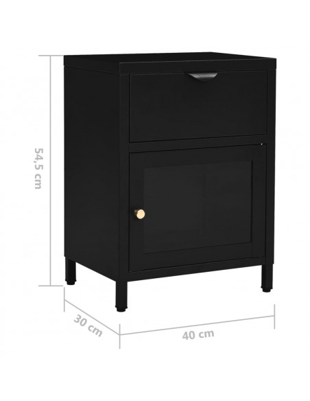 Comodino Nero 40x30x54,5 cm in Acciaio e Vetro