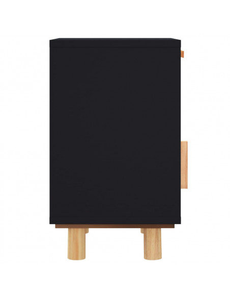 Comodino Nero in Legno Massello di Pino e Rattan Naturale