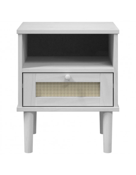 Comodino SENJA Bianco Aspetto Rattan 40x35x48 cm in Legno Pino