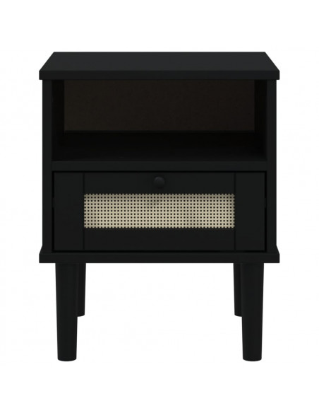 Comodino SENJA Nero Aspetto Rattan 40x35x48 cm in Legno di Pino