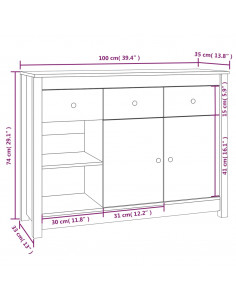 Credenza Bianca 100x35x74 cm in Legno Massello di Pino