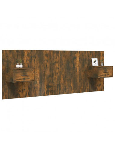 Testiera Letto con Comodini in Legno Multistrato Rovere Fumo
