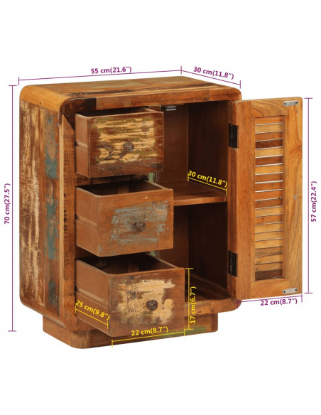 Credenza con 3 Cassetti 55x30x70 cm Legno Massello di Recupero