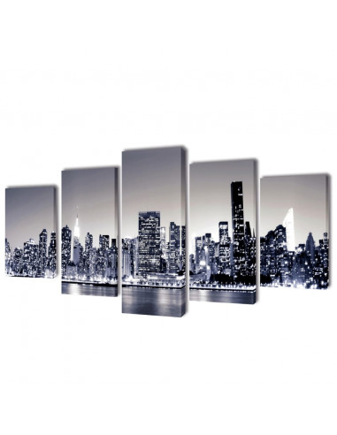 5 pz Stampa su Tela da Muro Panorama New York Monocromatico 100 x 50cm