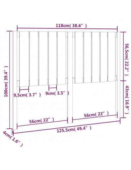 Testiera per Letto Nera 125,5x4x100cm in Legno Massello di Pino