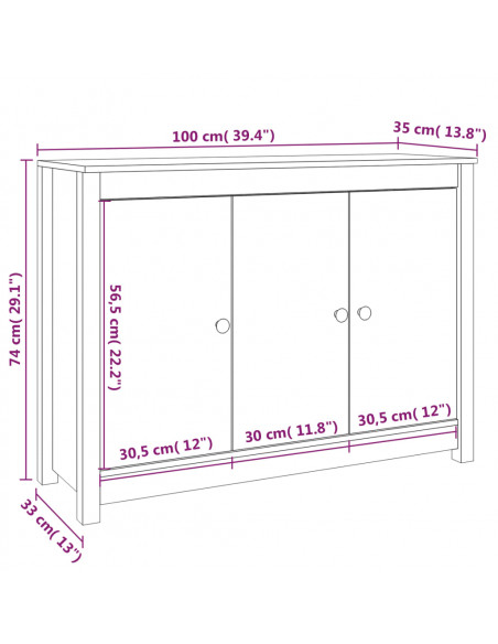 Credenza Nera 100x35x74 cm in Legno Massello di Pino