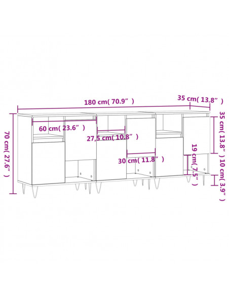 Credenze 3 pz Bianco Lucido in Legno Multistrato