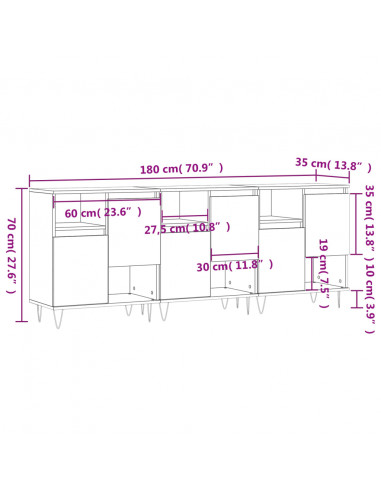 Credenze 3 pz Grigio Sonoma in Legno Multistrato