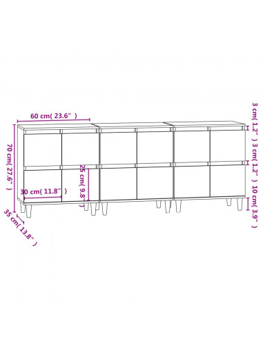 Credenze 3pz Rovere Fumo 60x35x70 cm in Legno Multistrato
