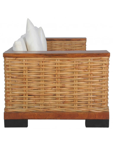 Divano a 3 Posti con Cuscini Marrone in Rattan Naturale