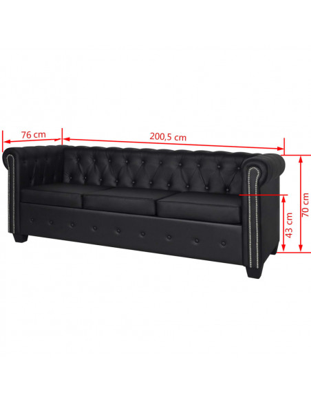 Divano Chesterfield a 3 Posti in Finta Pelle Nero