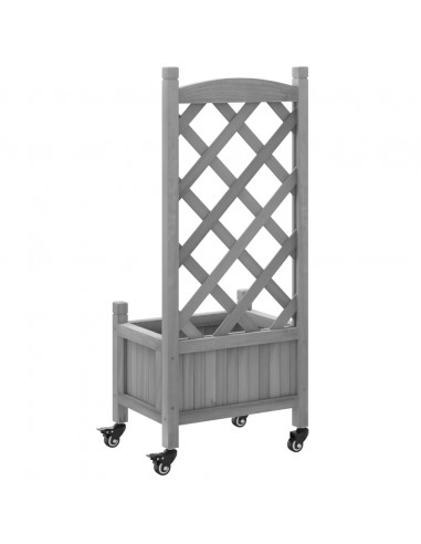 Fioriera con Traliccio e Ruote Grigia Legno Massello di Abete