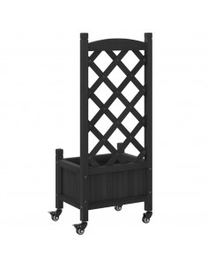 Fioriera con Traliccio e Ruote Nera in Legno Massello di Abete