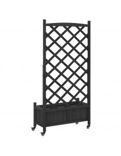 Fioriera con Traliccio e Ruote Nera in Legno Massello di Abete