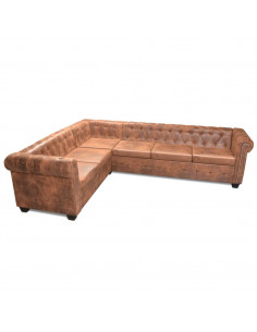 Divano Chersterfield 6 posti Pelle Artificiale Marrone 2