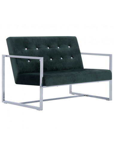 Divano a 2 Posti con Braccioli Verde Scuro Cromato e Velluto