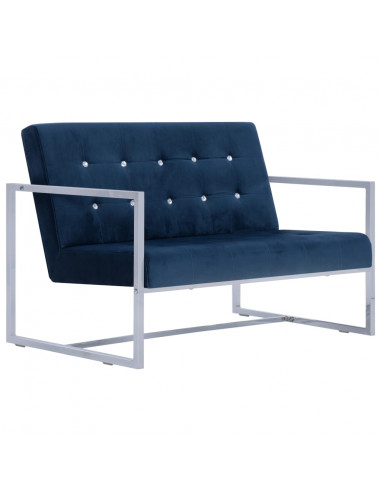 Divano a 2 Posti con Braccioli Blu Cromato e Velluto