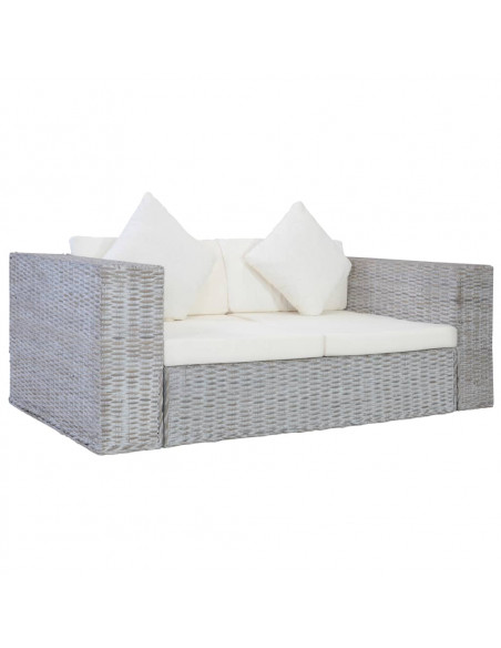 Divano a 2 Posti con Cuscini Grigio in Rattan Naturale