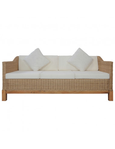 Divano a 3 Posti con Cuscini in Rattan Naturale