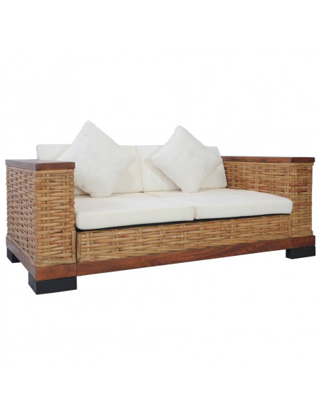 Divano a 2 Posti con Cuscini Marrone in Rattan Naturale