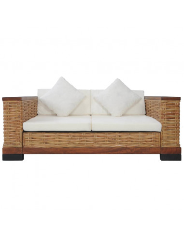 Divano a 2 Posti con Cuscini Marrone in Rattan Naturale