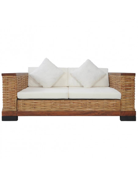 Divano a 2 Posti con Cuscini Marrone in Rattan Naturale