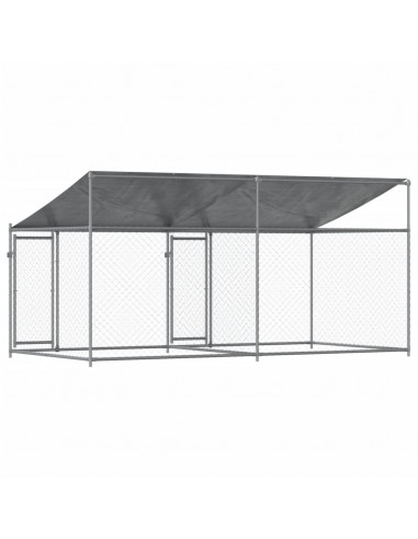 Gabbia Cani con Tetto e Porte Grigia 4x2x2 m in Acciaio Zincato