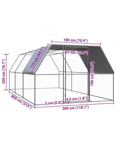 Gabbia per Polli 3x8x2 m in Acciaio Zincato