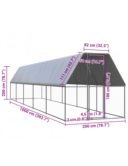 Gabbia per Polli da Esterno 2x10x2 m in Acciaio Zincato