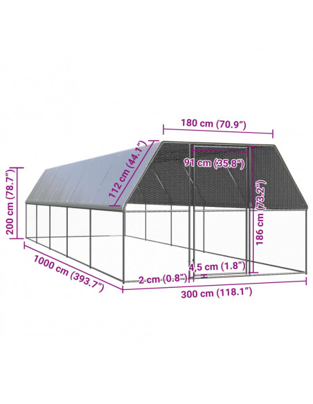 Gabbia per Polli da Esterno 3x10x2 m in Acciaio Zincato