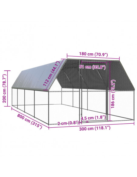 Gabbia per Polli da Esterno 3x8x2 m in Acciaio Zincato