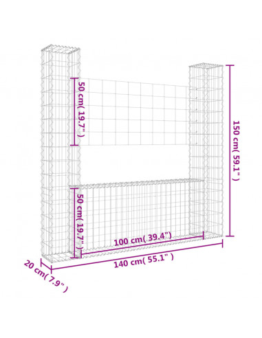 Gabbione a U con 2 Pali in Ferro 140x20x150 cm