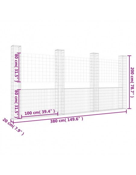 Gabbione a U con 4 Pali in Ferro 380x20x200 cm