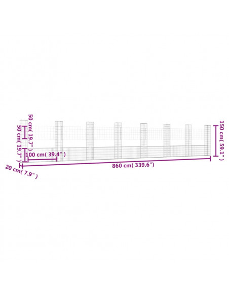 Gabbione a U con 8 Pali in Ferro 860x20x150 cm