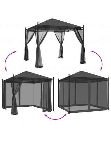 Gazebo con Pareti in Rete Antracite 2,93x2,93 m in Acciaio