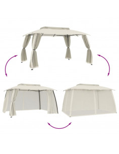 Gazebo con Tetto Doppio e Pareti Rete Crema 3,93x2,93 m Acciaio